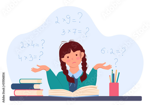 Little girl is sitting at a table with a book and sadly spreads her hands. Schoolgirl doing homework. There are math examples in the background. Vector illustration in flat style