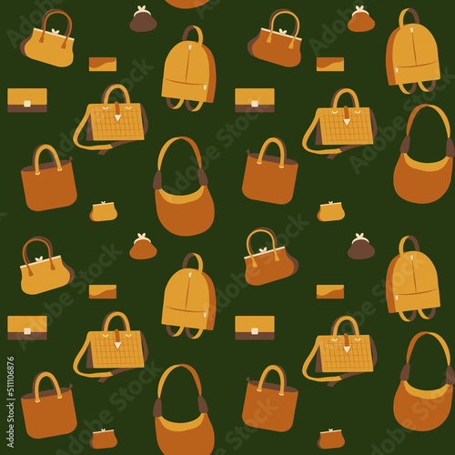 Seamless pattern with different types of bags. Design for wrapping paper or textile.  Colorful  vector illustration in flat style. 