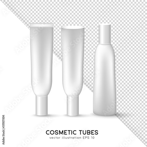 Three white tubes for cream, lotion, gel, moisturizer, serum, emulsion, tonic. Mockup of cosmetic containers, boxes, packages, bottles, flacons. Skin care and treatment products template for branding.