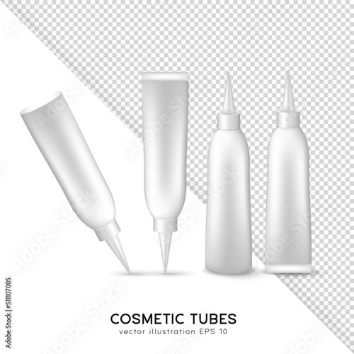 3D mockup with cosmetic tubes with pointed tip applicator in different positions. White blank packages for cream, lotion, gel, moisturizer, serum, etc. Skincare and treatment products template