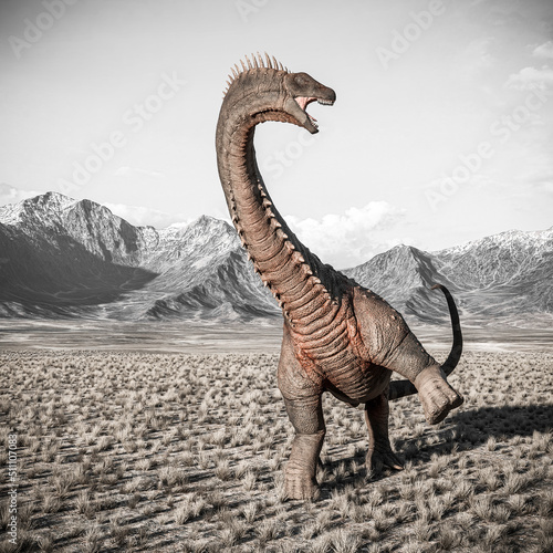 alamosaurus is on aggressive pose in the plains and mountains