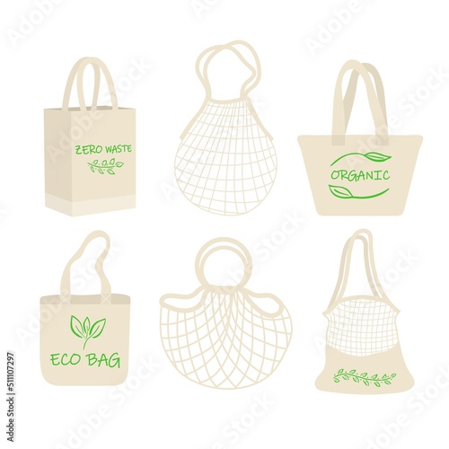 Eco shopping bag with vegetables, fruits and healthy drinks. Dairy food in reusable eco friendly shopper net. Zero waste, plastic free concept. Flat trendy design