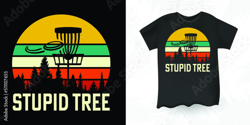 Stupid Tree Disc Golf Player Flying Disc Golfer  Funny Retro Sunset Vintage Disc Golf T-shirt Design  photo