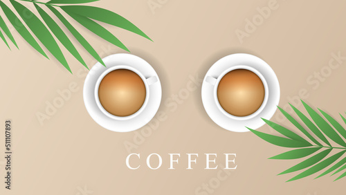 Two Coffee with palm leaf , isolated on brown background, illustration vector EPS 10
