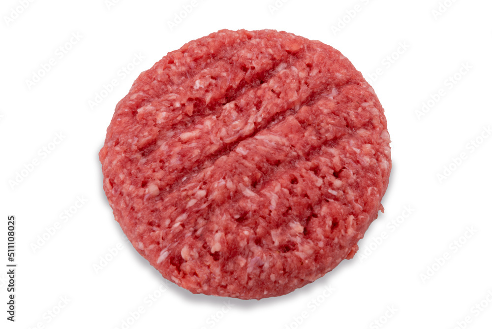 Raw fresh beef burgers for hamburger isolated on white, clipping path included, top view Raw fresh beef burgers for hamburger isolated on white, clipping path included, top view
