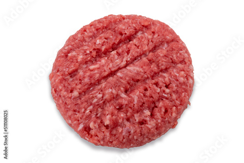 Raw fresh beef burgers for hamburger isolated on white, clipping path included, top view