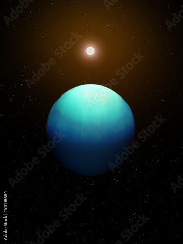 Star rising over a distant exoplanet, sun with alien planet, Sci-Fi background.