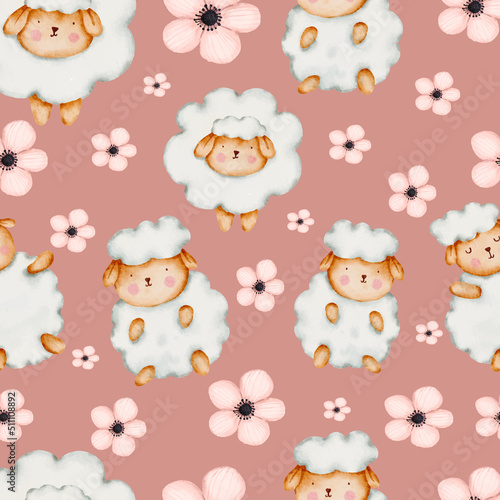 cute sleeping sheep with flowers seamless pattern