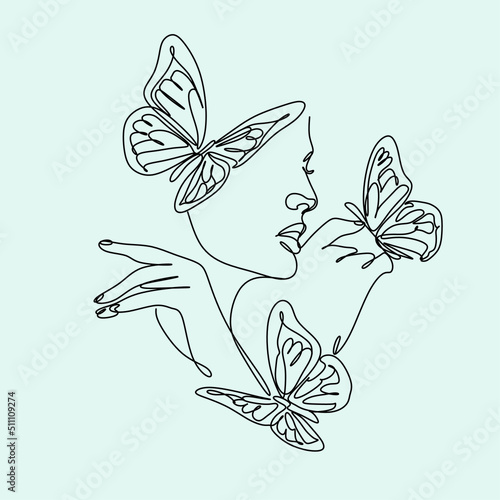 Continuous line of woman with butterfly Surreal Face, minimalist drawing of faces, fashion concept, Logo female beauty, Modern portrait