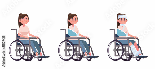 young woman in a wheelchair set vector cartoon illustration concept of injury and disability recovery from accident