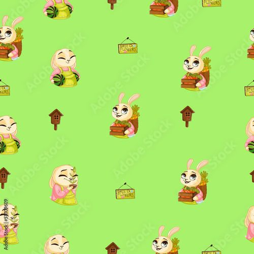 Cute spring seamless pattern on green background with cozy bunny. Texture for scrapbooking, wrapping paper, invitations. Vector illustration. © Zhamilya