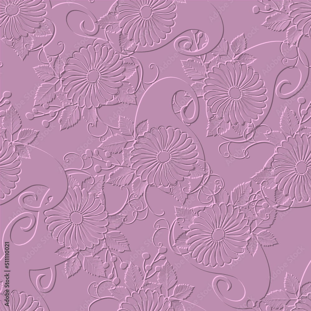 3d embossed floral Paisley seamless pattern. Textured beautiful flowers relief background. Repeat emboss backdrop. Surface leaves, branches. 3d paisley flowers artistic ornament with embossing effect.