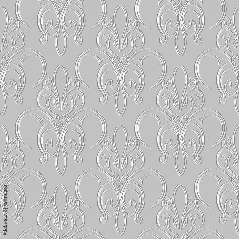 Embossed floral 3d lines seamless pattern. White relief grunge background. Repeat textured vector backdrop. Surface line art flowers, leaves. 3d beautiful vintage ornaments with embossing effect