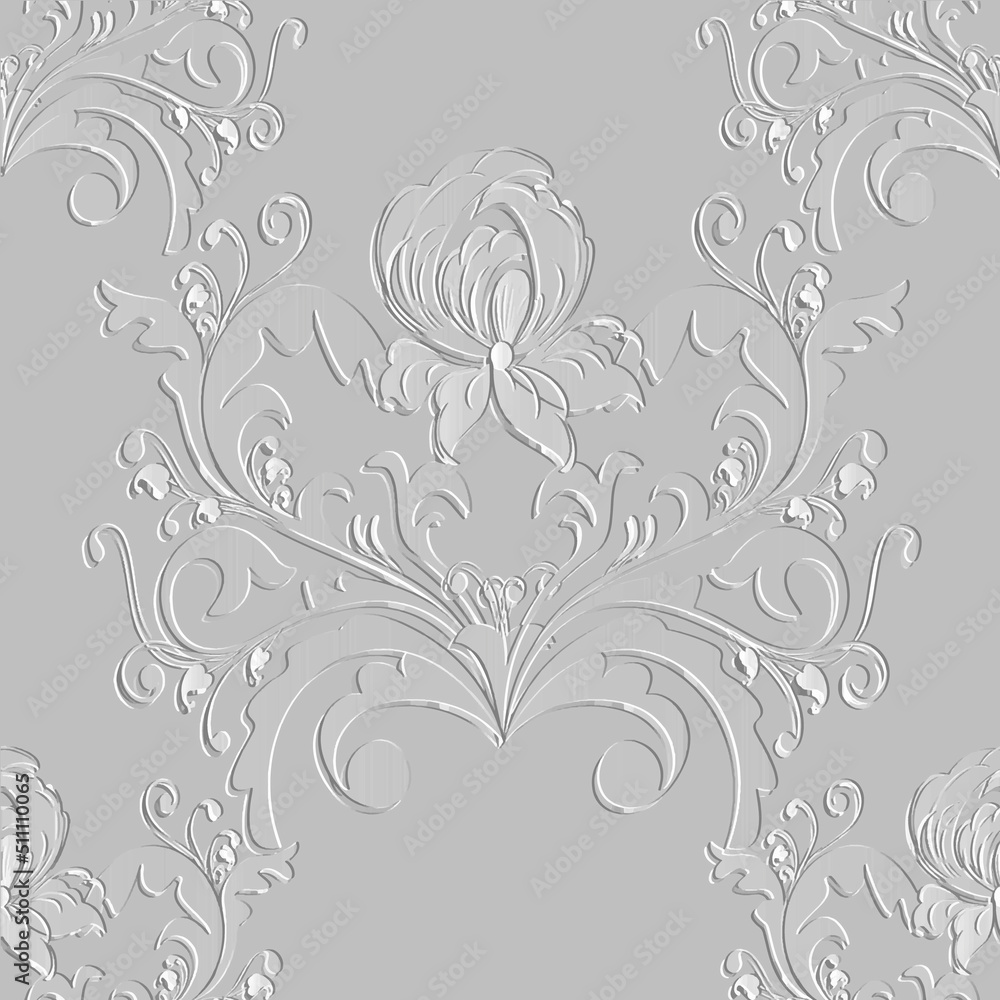 Textured floral 3d lines seamless pattern. White relief grunge background. Repeat embossed vector backdrop. Surface line art blossom flowers, leaves. 3d beautiful vintage ornament. Embossing effect