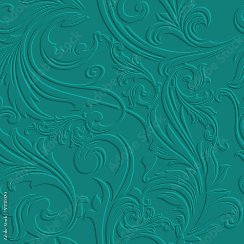 Embossed floral Baroque 3d seamless pattern. Leafy relief grunge background. Repeat textured blue vector backdrop. Surface leaves  branches. 3d vintage beautiful ornaments with embossing effect