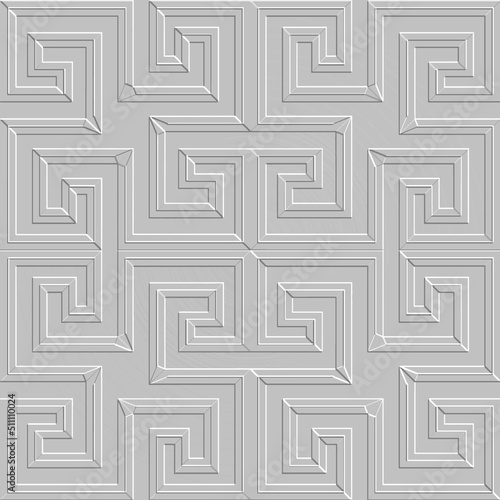 Emboss greek 3d seamless pattern. Embossed relief white background. Greek key meanders surface geometric ornament. Abstract repeat textured backdrop. Embossing endless texture. Modern ornate design