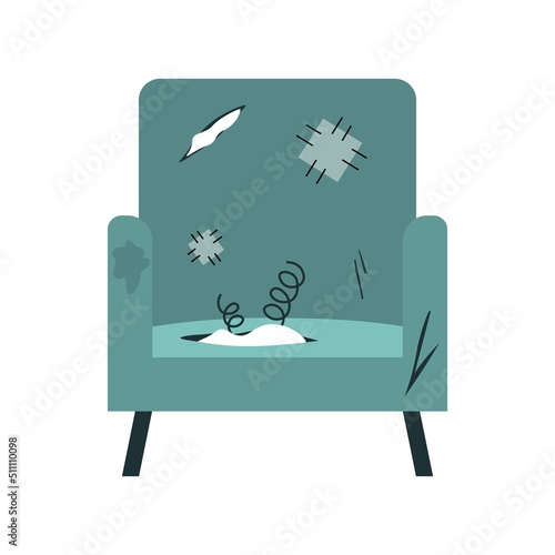 Old and broken armchair. Broken chair with springs and holes. Furniture in garbage dump. Holey blue armchair with patches. Flat vector illustration isolated on white background.