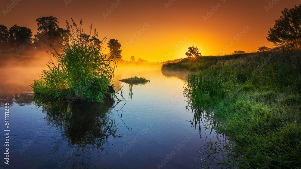 Wschód słońca nad rzeką Wartą. Słońce, mgła i rzeka o świcie - obrazy, fototapety, plakaty 