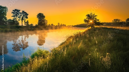 Fototapeta Naklejka Na Ścianę i Meble -  Wschód słońca nad rzeką Wartą. Słońce, mgła i rzeka o świcie