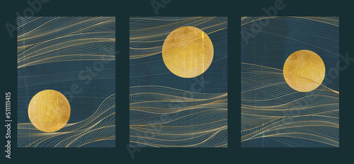 Luxury abstract dark blue art background with golden line style waves and moon or sun. Vector banner in watercolor style for art wall decoration, wallpaper, decor, print, textile