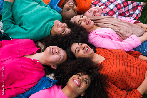 Aerial view of group of lifestyle women smiling