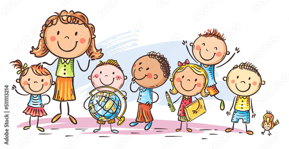 Happy schoolkids with their teacher, school or kindergarten clipart Stock  Vector | Adobe Stock