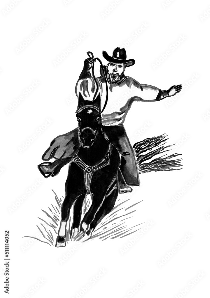 Watercolor black and white sketch a cowboy on horseback,rodeo cowboy riding a wild horse,ink drawing,isolated on a white background. Watercolor black and white sketch a cowboy on horseback,rodeo cowboy riding a wild horse,ink drawing,isolated on a white background.