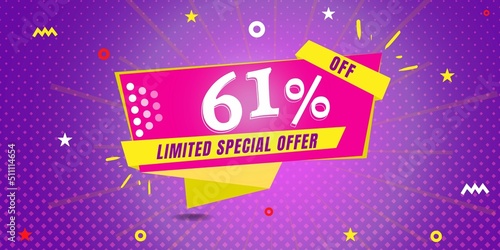 61  off limited special offer. Banner with sixty one percent discount on a  purple background with yellow square and pink