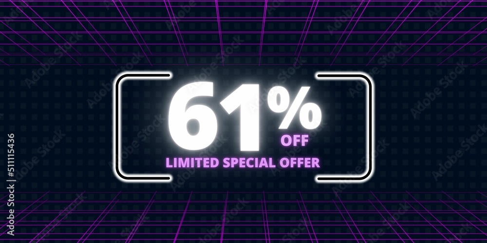 61% off limited special offer. Banner with sixty one percent discount on a  black background with white square and purple
