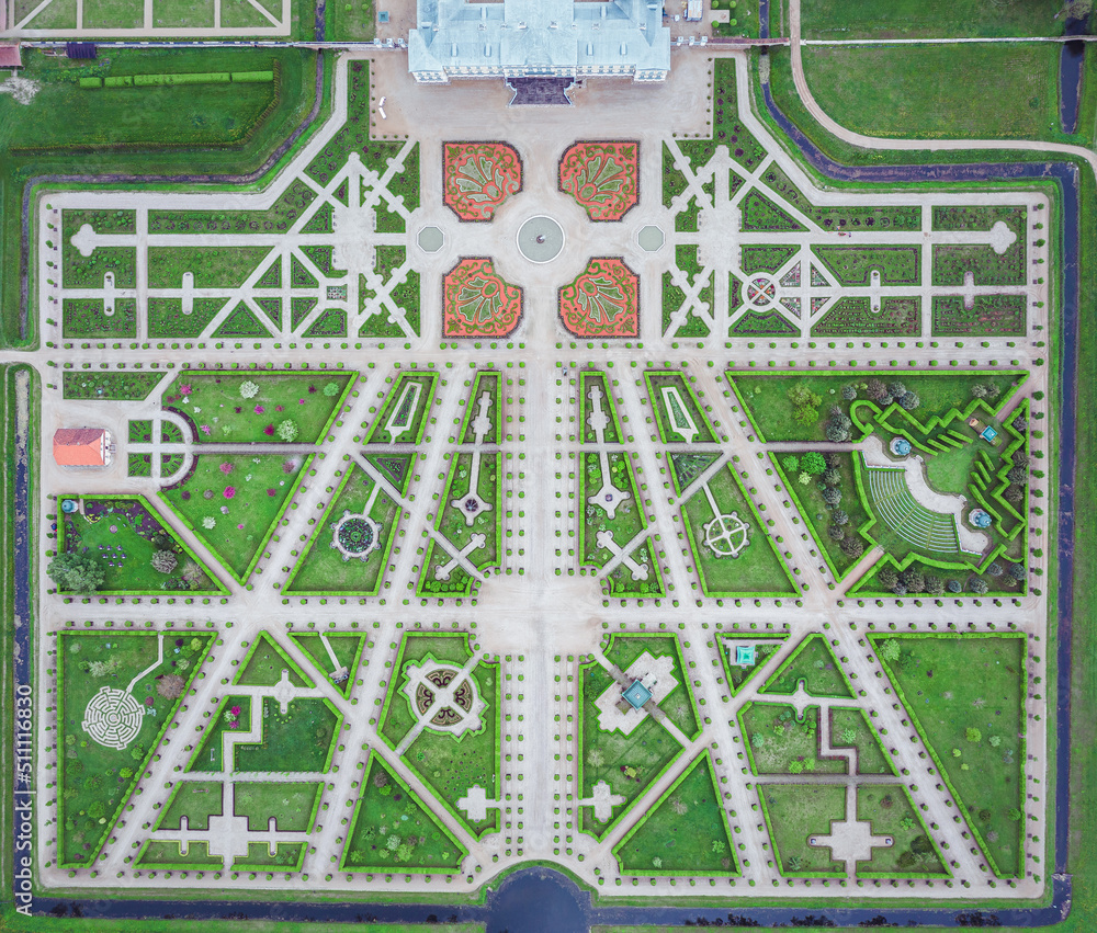 Aerial view on baroque garden of Rundale palace in summer time. Symmetrical park in vibrant green colors.