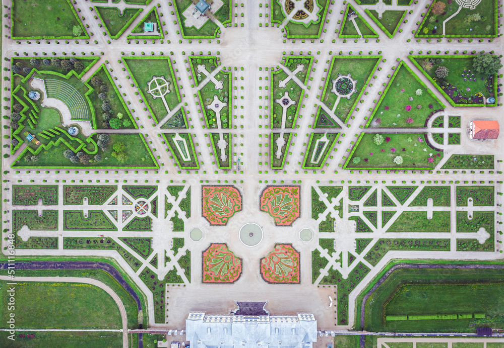 Aerial view on baroque garden of Rundale palace in summer time. Symmetrical park in vibrant green colors.