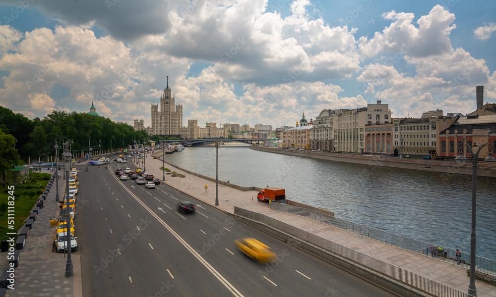 Panorama of Moscow view of Kotelnicheskaya embankment from the floating bridge of Zaryadye Park