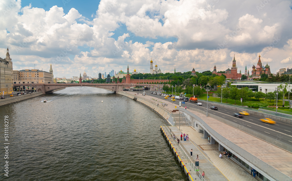 Panorama of Moscow view of the Kremlin from the floating bridge of Zaryadye Park