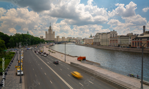 Panorama of Moscow view of Kotelnicheskaya embankment from the floating bridge of Zaryadye Park