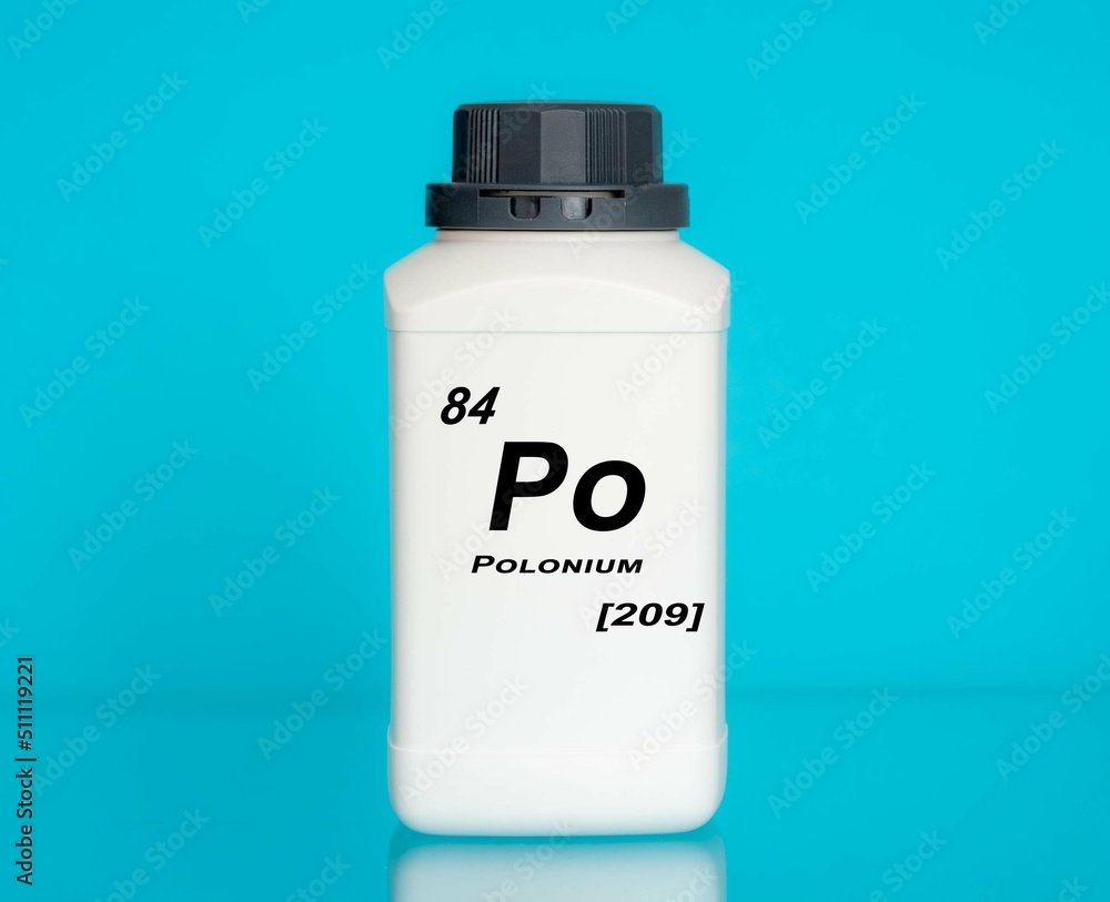 Polonium Po chemical element in a laboratory plastic container