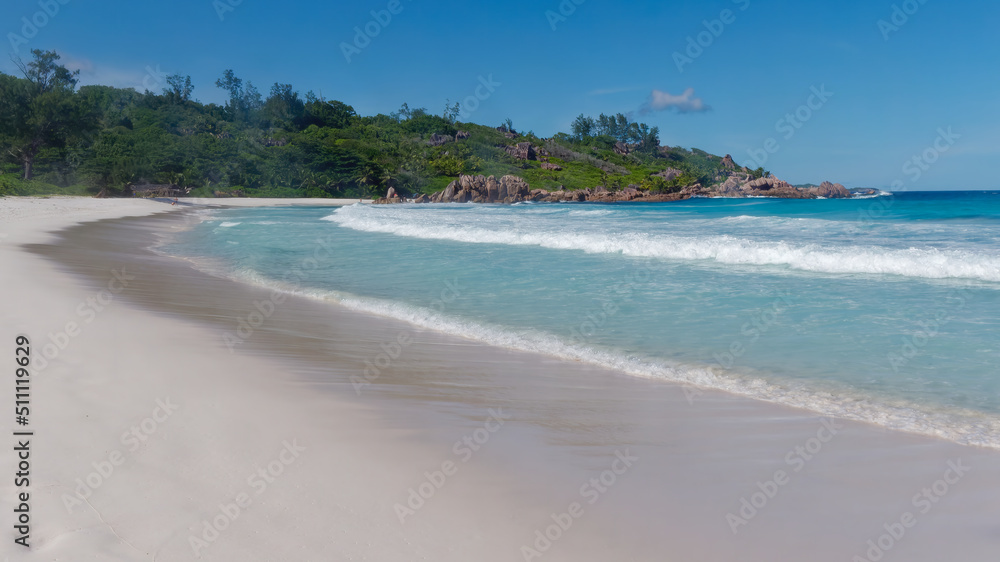 View of the magnificent beach of Petite Anse on the Isle of La Digue, Seychelles	