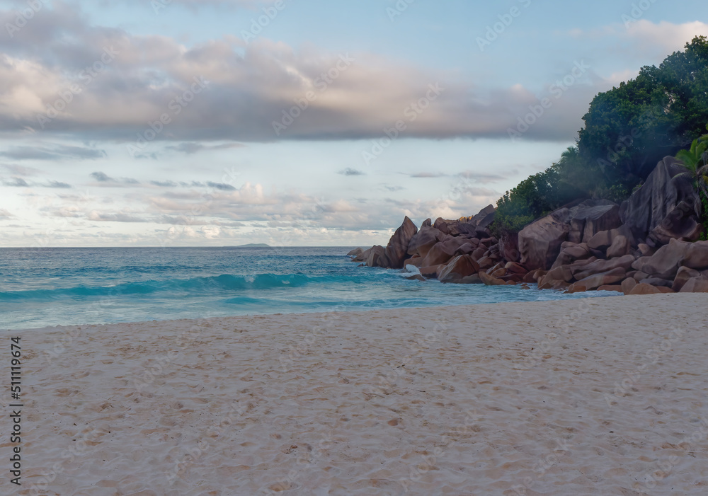 View of the magnificent beach of Petite Anse on the Isle of La Digue, Seychelles	