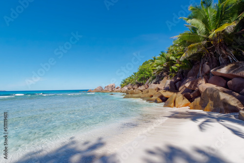 View of the magnificent beach of Petite Anse on the Isle of La Digue, Seychelles 
