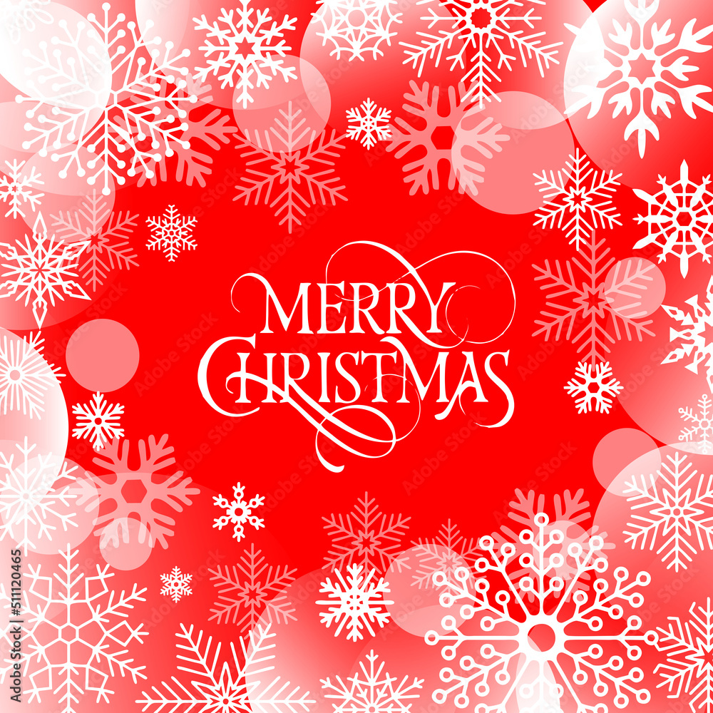 merry christmas greeting card, text and snowflakes on red background, design