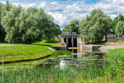 Old dam on the river, rural landscape