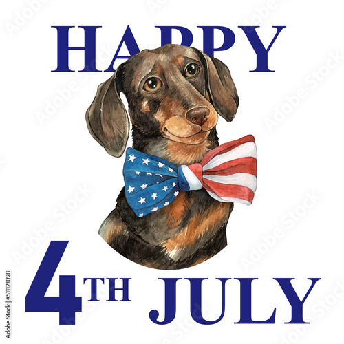 USA Independence day card. Watercolor dachshund dog wearing a top hat in the colors of the USA flag with text. Happy 4th July. Template for banner, greeting card, invitation, poster, flyer, etc.