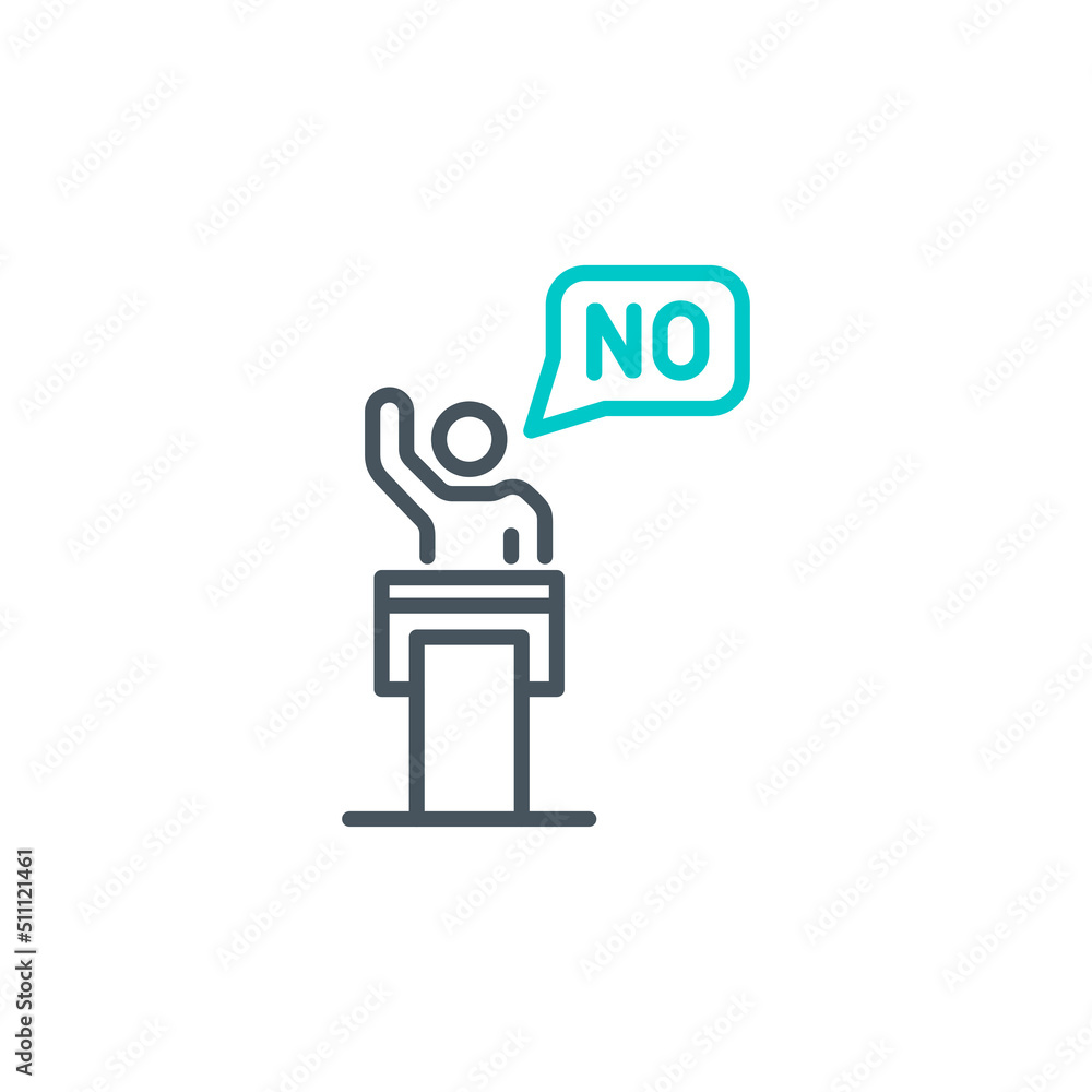 Politicians speaker protests from rostrum with raised hand single line icon isolated on white. Perfect outline symbol leader speak from tribune. design element speaker orator on podium editable Stroke Politicians speaker protests from rostrum with raised hand single line icon isolated on white. Perfect outline symbol leader speak from tribune. design element speaker orator on podium editable Stroke