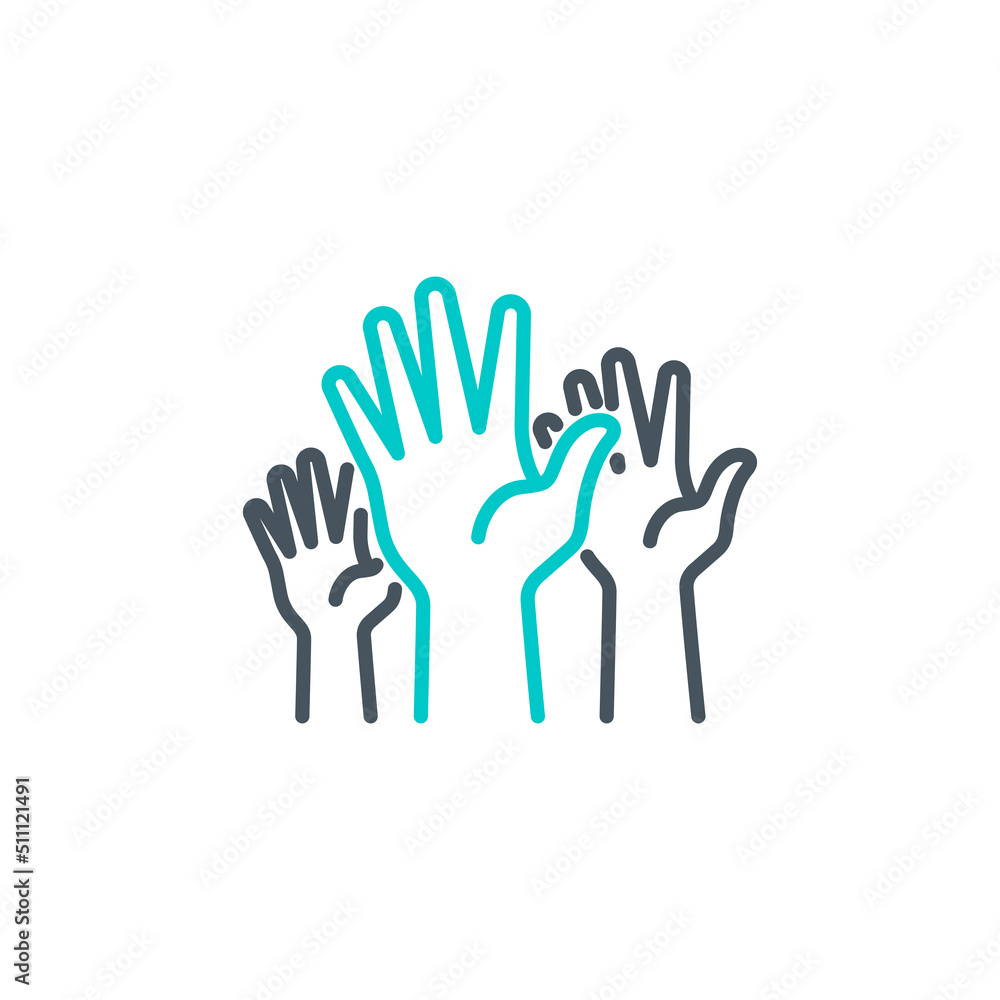 group of human hands raised up vote single line icon isolated on white. Perfect outline symbol voting by show palm. volunteers community unanimously raised up hands design element with editable Stroke group of human hands raised up vote single line icon isolated on white. Perfect outline symbol voting by show palm. volunteers community unanimously raised up hands design element with editable Stroke