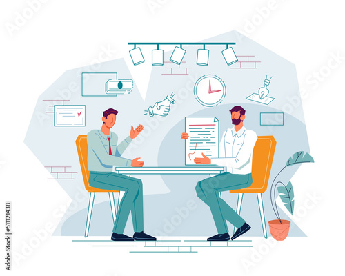 Business meeting to sign an employment contract or partnership documents. Successful business negotiations with contract signing and deal closing, job and partnership offer, vector isolated on white.