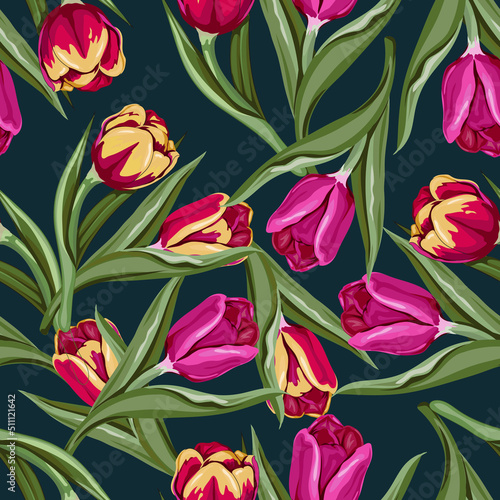 Tulips colorful seamless pattern design, floral spring tulip flowers repeatable endless background for textile and prints, vector illustration on dark backdrop.