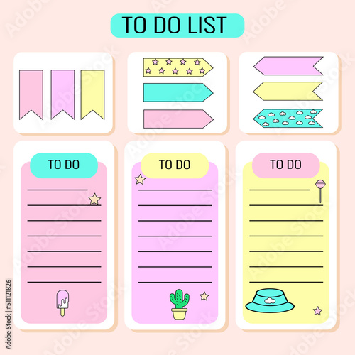 Cute paper notes in. Stationary set. Scrapbook notes and cards.Printable planner stickers. To Do List note. Template for your message. Decorative planning element. Vector illustration.