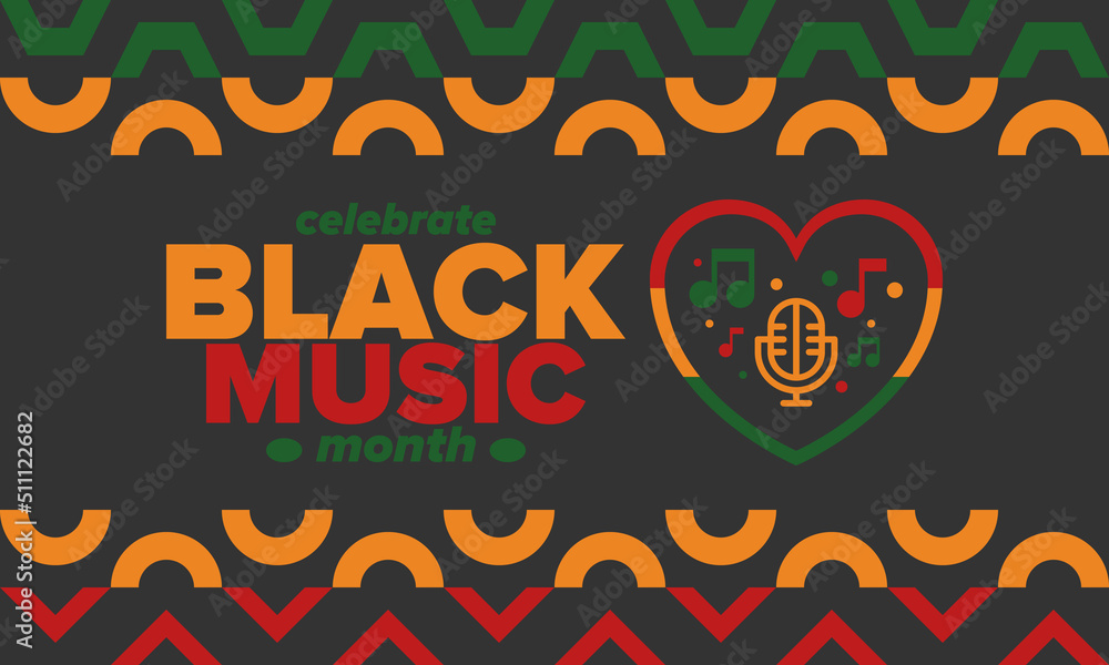 Black Music Month in June. African-American Music Appreciation Month. Celebrated annual in United States. Music concept. Poster, card, banner and background. Vector illustration