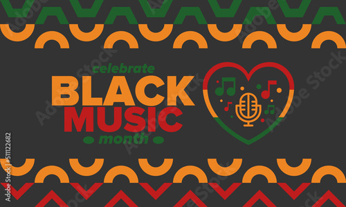 Black Music Month in June. African-American Music Appreciation Month. Celebrated annual in United States. Music concept. Poster, card, banner and background. Vector illustration