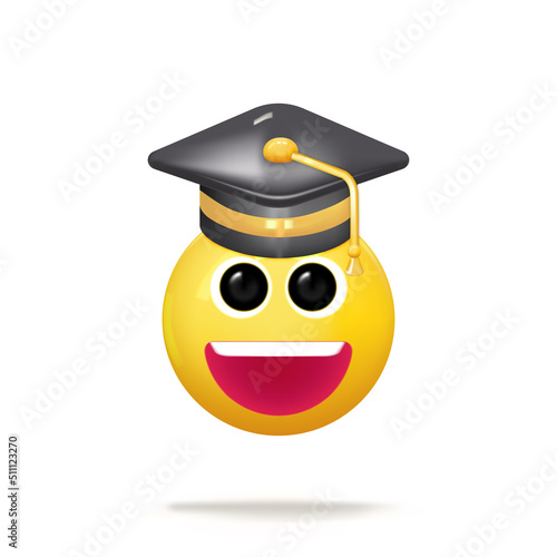 Smile face emotion wear a college cap, graduation cap, mortar board. Education, degree ceremony concept. 3d vector illustration. Cartoon minimal style.