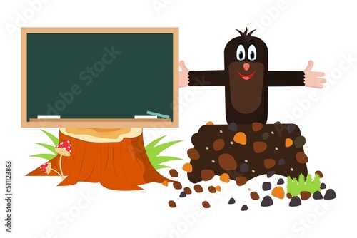 Web  Illustration. Mole. Welcome to school . Board . Stump. Cute character.